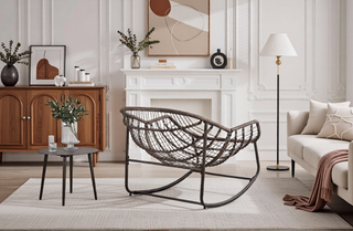 Sunvega Oversized Outdoor Rattan Rocking Chair with Padded Cushion and Steel Frame
