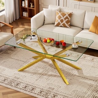 Sunvega Modern 39.37" Rectangular Clear Tempered Glass Coffee Table with Black Metal Legs