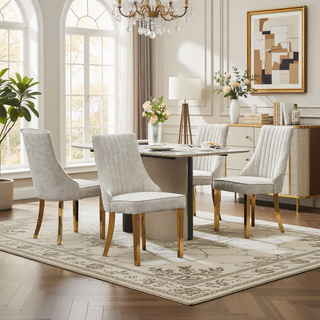 Sunvega Blue Rayon Cloth Flocking Linen Dining Chairs with High Backrest and Solid Wood Legs, Set of 2
