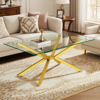 Sunvega Modern 39.37" Rectangular Clear Tempered Glass Coffee Table with Black Metal Legs