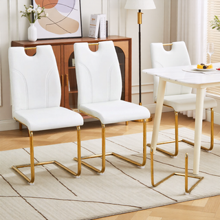 Sunvega White PU Dining Chair Set with Silver Metal Legs and High Resilience Sponge Filling