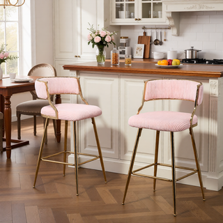 Sunvega Set of 2 Grey Corduroy Bar Stools with Back Golden Chromed Base and Footrest