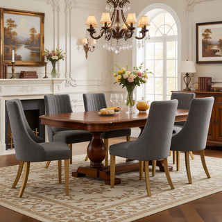 Sunvega Blue Rayon Cloth Flocking Linen Dining Chairs with High Backrest and Solid Wood Legs, Set of 2