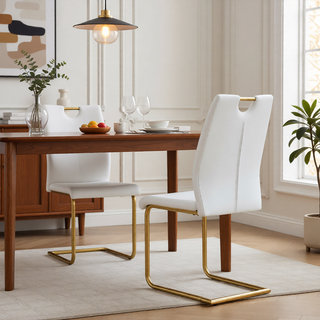 Sunvega White PU Dining Chair Set with Silver Metal Legs and High Resilience Sponge Filling