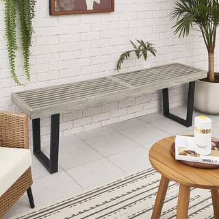 Sunvega Modern Acacia Wood Dining Bench with Iron Legs in Dark Brown and White