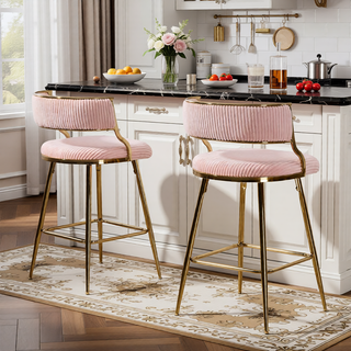 Sunvega Set of 2 Grey Corduroy Bar Stools with Back Golden Chromed Base and Footrest