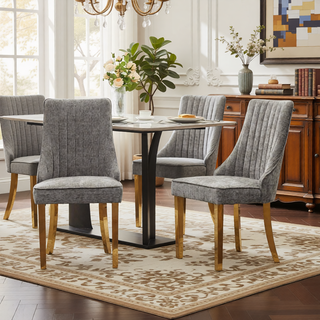 Sunvega Blue Rayon Cloth Flocking Linen Dining Chairs with High Backrest and Solid Wood Legs, Set of 2