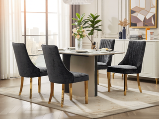 Sunvega Blue Rayon Cloth Flocking Linen Dining Chairs with High Backrest and Solid Wood Legs, Set of 2