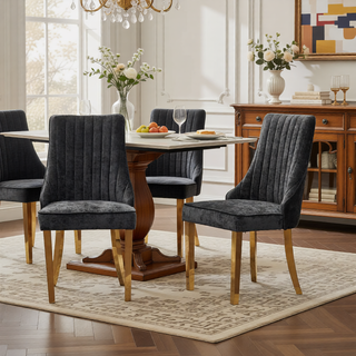 Sunvega Blue Rayon Cloth Flocking Linen Dining Chairs with High Backrest and Solid Wood Legs, Set of 2