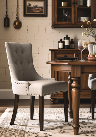 Sunvega Two-Tone Beige Fabric Side Chair with Reclaimed Gray Finish and Nailhead Trim