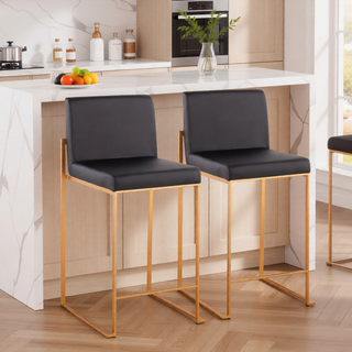 Sunvega Gold Steel and Black Faux Leather High Back Counter Stool Set of 2