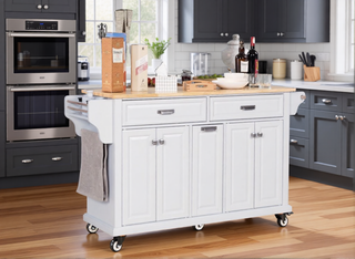 Sunvega Kitchen Cart with Rubber Wood Countertop Storage Cabinet and 2 Drawers