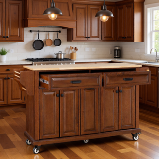Sunvega Kitchen Cart with Rubber Wood Countertop Storage Cabinet and 2 Drawers