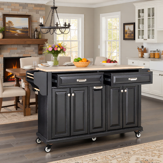 Sunvega Kitchen Cart with Rubber Wood Countertop Storage Cabinet and 2 Drawers