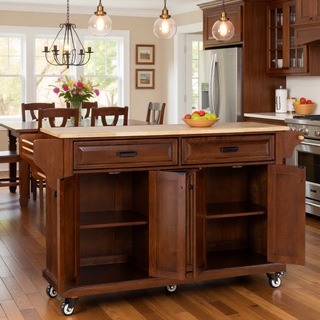 Sunvega Kitchen Cart with Rubber Wood Countertop Storage Cabinet and 2 Drawers