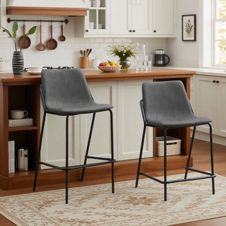 Sunvega Black Frame Grey Leatherette Counter Height Stools with Footrest Set of 2