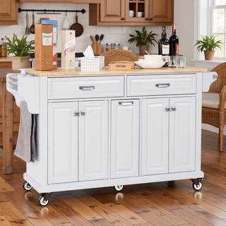 Sunvega Kitchen Cart with Rubber Wood Countertop Storage Cabinet and 2 Drawers