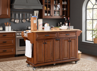 Sunvega Kitchen Cart with Rubber Wood Countertop Storage Cabinet and 2 Drawers