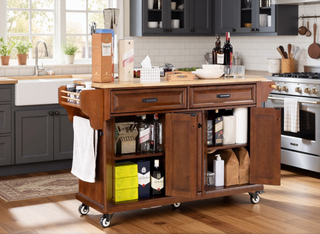 Sunvega Kitchen Cart with Rubber Wood Countertop Storage Cabinet and 2 Drawers