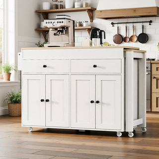 Sunvega White Kitchen Island with Extendable Dining Table on Wheels Spice Rack