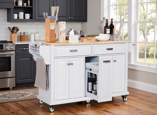 Sunvega Kitchen Cart with Rubber Wood Countertop Storage Cabinet and 2 Drawers