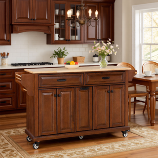Sunvega Kitchen Cart with Rubber Wood Countertop Storage Cabinet and 2 Drawers