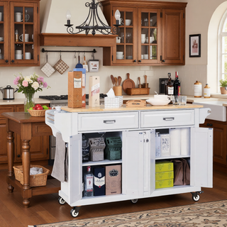 Sunvega Kitchen Cart with Rubber Wood Countertop Storage Cabinet and 2 Drawers