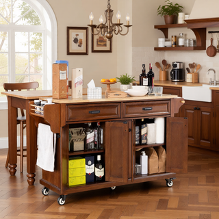 Sunvega Kitchen Cart with Rubber Wood Countertop Storage Cabinet and 2 Drawers