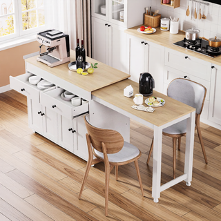 Sunvega White Kitchen Island with Extendable Dining Table on Wheels Spice Rack