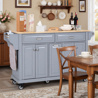 Sunvega Kitchen Cart with Rubber Wood Countertop Storage Cabinet and 2 Drawers
