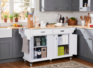 Sunvega Kitchen Cart with Rubber Wood Countertop Storage Cabinet and 2 Drawers