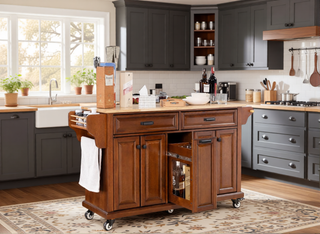 Sunvega Kitchen Cart with Rubber Wood Countertop Storage Cabinet and 2 Drawers