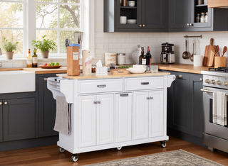 Sunvega Kitchen Cart with Rubber Wood Countertop Storage Cabinet and 2 Drawers