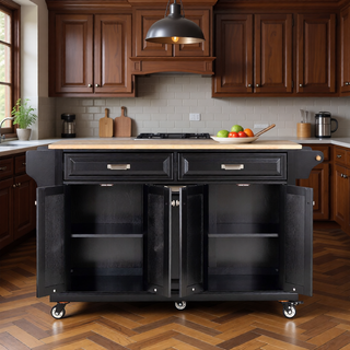 Sunvega Kitchen Cart with Rubber Wood Countertop Storage Cabinet and 2 Drawers