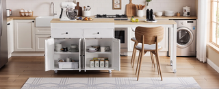Sunvega White Kitchen Island with Extendable Dining Table on Wheels Spice Rack