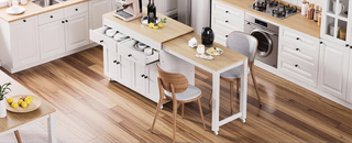 Sunvega White Kitchen Island with Extendable Dining Table on Wheels Spice Rack