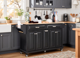 Sunvega Kitchen Cart with Rubber Wood Countertop Storage Cabinet and 2 Drawers