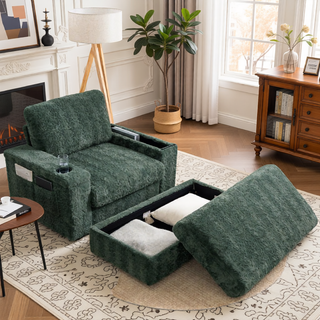 Sunvega Faux Rabbit Fur Sofa Bed with Storage Ottoman Cup Holders and Armrests