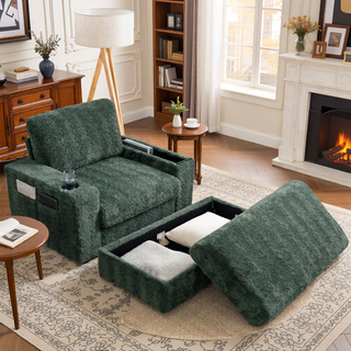 Sunvega Faux Rabbit Fur Sofa Bed with Storage Ottoman Cup Holders and Armrests
