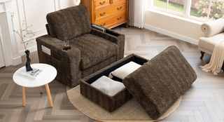 Sunvega Faux Rabbit Fur Sofa Bed with Storage Ottoman Cup Holders and Armrests