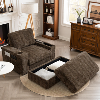 Sunvega Faux Rabbit Fur Sofa Bed with Storage Ottoman Cup Holders and Armrests