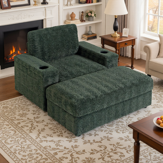 Sunvega Faux Rabbit Fur Sofa Bed with Storage Ottoman Cup Holders and Armrests