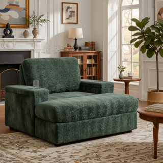 Sunvega Faux Rabbit Fur Sofa Bed with Storage Ottoman Cup Holders and Armrests