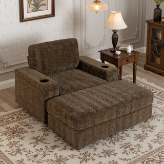 Sunvega Faux Rabbit Fur Sofa Bed with Storage Ottoman Cup Holders and Armrests