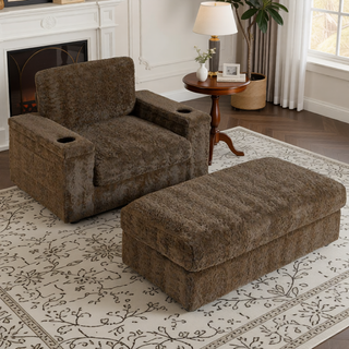 Sunvega Faux Rabbit Fur Sofa Bed with Storage Ottoman Cup Holders and Armrests