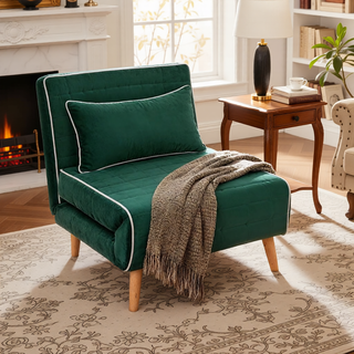 Sunvega Modern Velvet 3-Position Adjustable Sleeper Chair with Piping Design Converts to Bed
