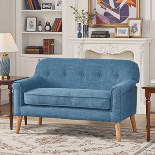 Sunvega Muted Blue Loveseat with Tufted Backrest and Tapered Wooden Legs