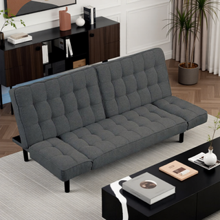Sunvega Dark Gray Contemporary Futon Sofa with Adjustable Headrest and Biscuit Tufting