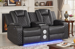 Sunvega Faux Leather Power Reclining Loveseat with LED Lighting and USB Ports