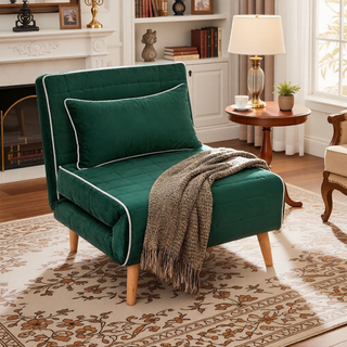Sunvega Modern Velvet 3-Position Adjustable Sleeper Chair with Piping Design Converts to Bed